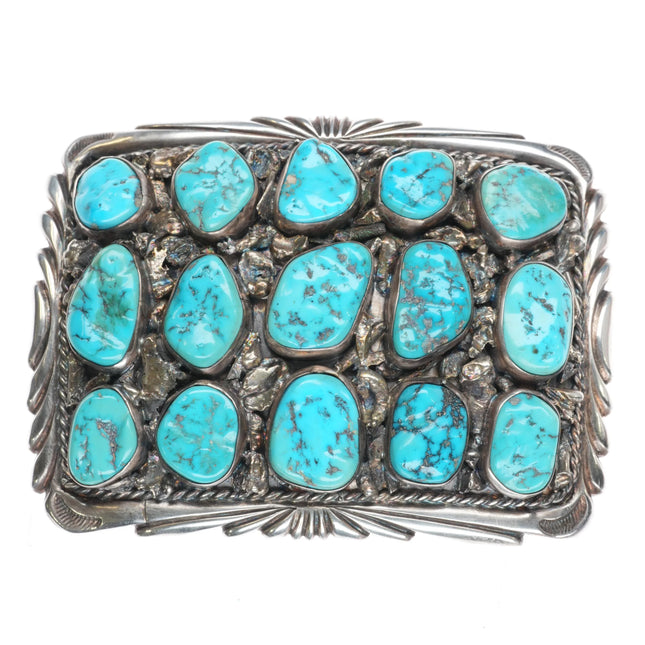 Large Vintage Navajo sterling silver nugget turquoise cluster belt buckle - Estate Fresh Austin