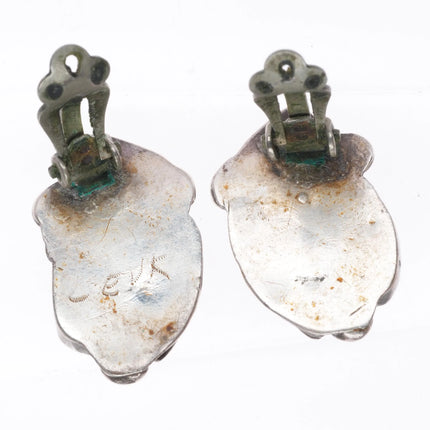 Vintage Eustace Cochiti Pueblo Sterling silver carved turquoise clip-on earrings