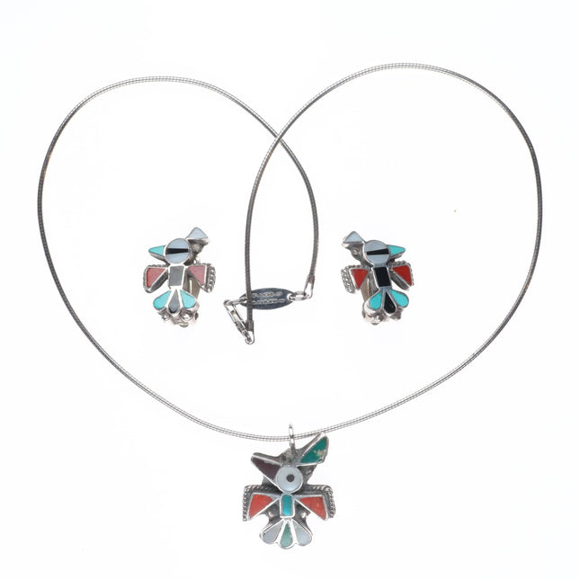 Vintage Zuni sterling silver turquoise/coral inlay thunderbird earrings/pendant