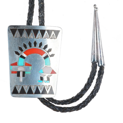 Large Fred & Lolita Natachu Zuni sterling silver inlay rainbow man bolo tie