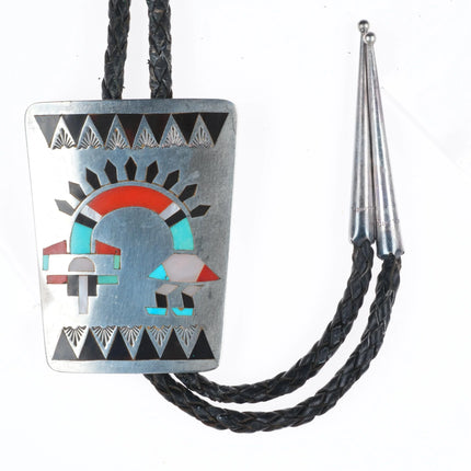 Large Fred & Lolita Natachu Zuni sterling silver inlay rainbow man bolo tie