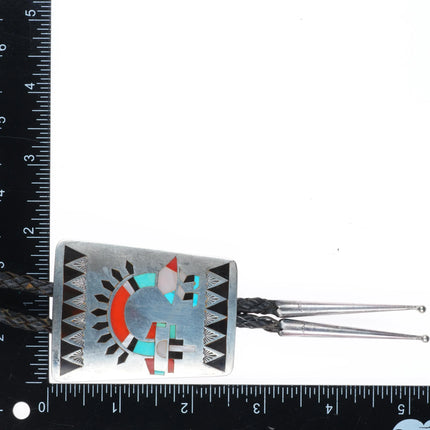 Large Fred & Lolita Natachu Zuni sterling silver inlay rainbow man bolo tie