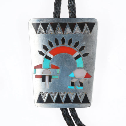 Large Fred & Lolita Natachu Zuni sterling silver inlay rainbow man bolo tie