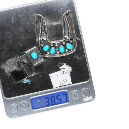 Vintage Navajo sterling silver 3/4" ranger belt buckle set w/turquoise