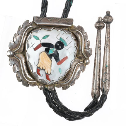 c1960 c-31 Zuni Ghan dancer kachina inlaid MOP sterling silver bolo tie - Estate Fresh Austin