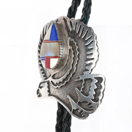 c1980 EJ Southwestern sterling silver channel inlay eagle bolo tie overlay style - Estate Fresh Austin