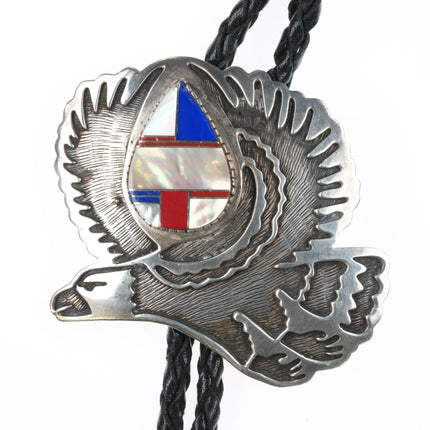 c1980 EJ Southwestern sterling silver channel inlay eagle bolo tie overlay style - Estate Fresh Austin
