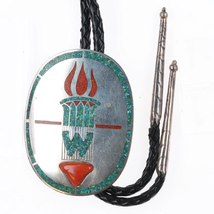 c1960 c-31 Navajo Sterling silver chip inlay turquoise coral torch bolo tie - Estate Fresh Austin
