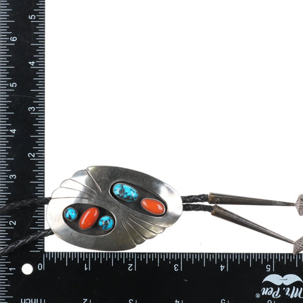 c1960 c-31 Bisbee turquoise/Mediterranean coral sterling silver Navajo bolo tie - Estate Fresh Austin