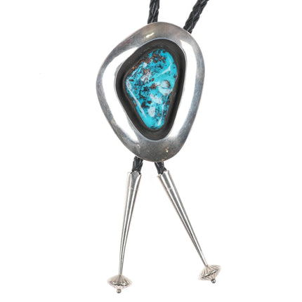 1970's Modernist Taos Pueblo sterling silver bolo tie with nice turquoise - Estate Fresh Austin