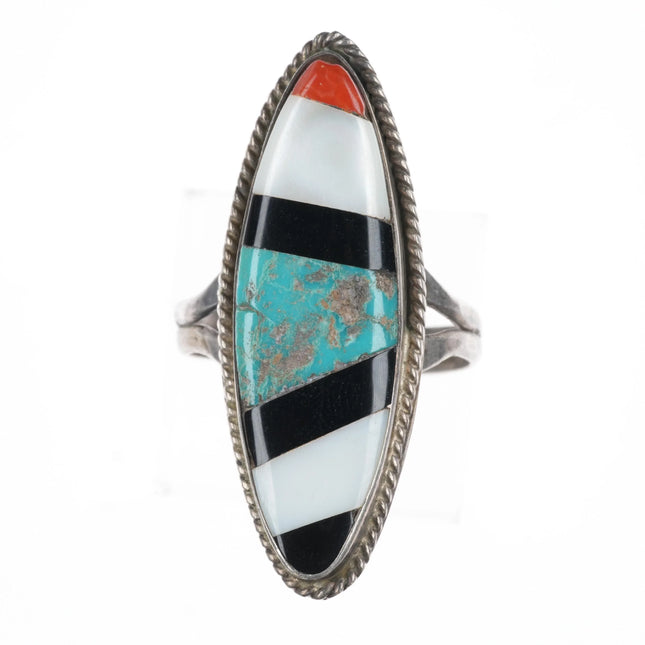 sz12.5 Vintage Zuni sterling silver striped turquoise/coral/jet/shell inlay ring - Estate Fresh Austin