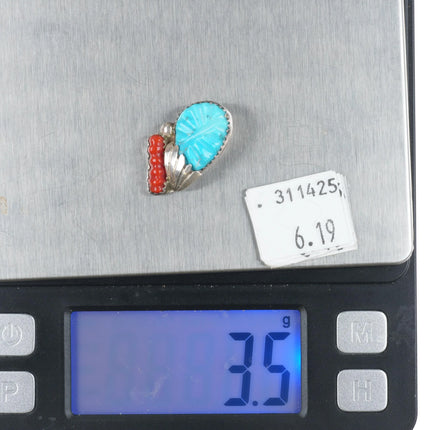 Loyalita Tsatte Zuni sterling silver carved turquoise/coral small pendant - Estate Fresh Austin