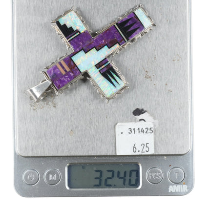 Large Melvin Francis Navajo Sterling silver, opal, sugilite, onyx cross pendant - Estate Fresh Austin
