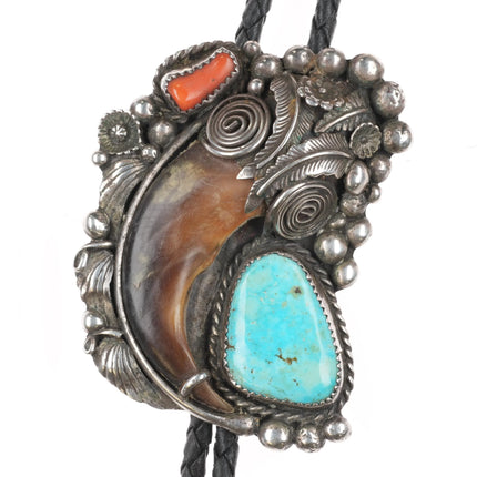 c1980 AK Navajo Large sterling silver, turquoise/coral bolo tie - Estate Fresh Austin