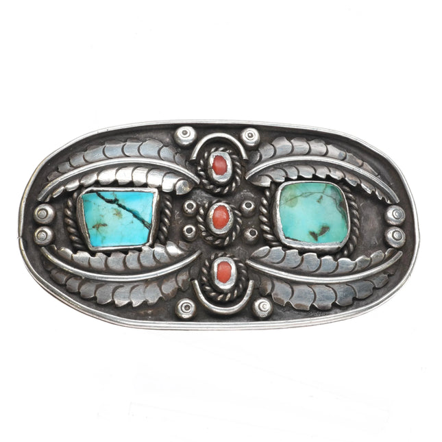 AT c1960 Huge Vintage Navajo sterling silver, turquoise, coral belt buckle - Estate Fresh Austin