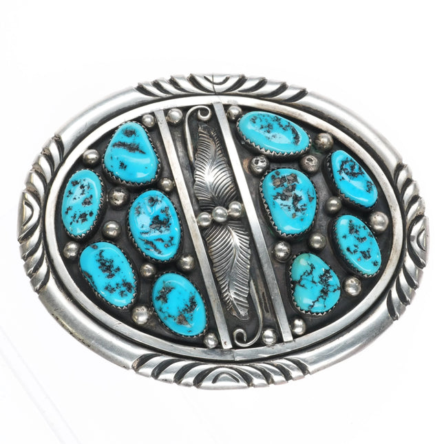 Ted Etsitty Navajo 1980's Vintage sterling silver turquoise nugget belt buckle - Estate Fresh Austin