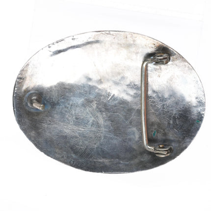 Large vintage Navajo sterling silver green turquoise belt buckle stamped border - Estate Fresh Austin