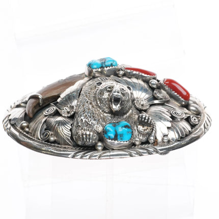 Large Thomas Navajo sterling silver, turquoise, coral bear belt buckle - Estate Fresh Austin
