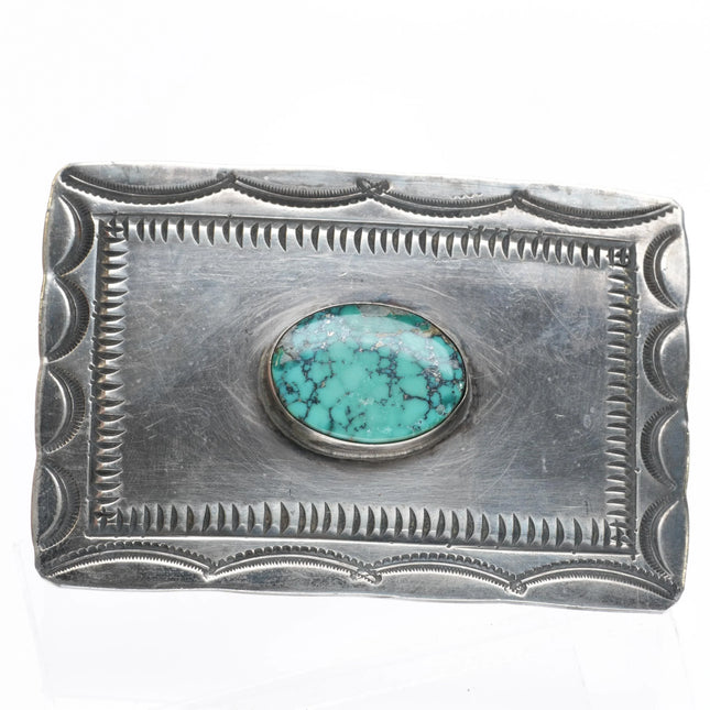 c1950 Navajo hand stamped sterling silver spiderweb pyrite turquoise belt buckle - Estate Fresh Austin