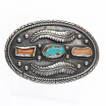 c1960 Huge AT Navajo sterling silver, turquoise, coral feather belt buckle - Estate Fresh Austin