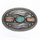 c1960 Huge AT Navajo sterling silver, turquoise, coral feather belt buckle - Estate Fresh Austin