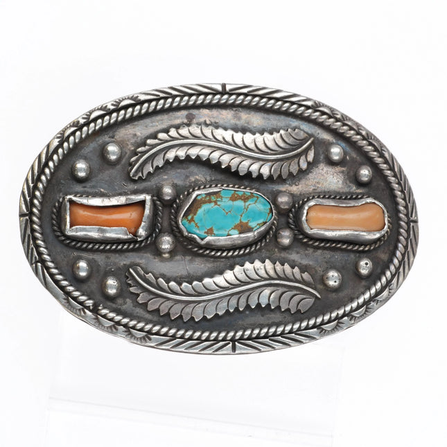 c1960 Huge AT Navajo sterling silver, turquoise, coral feather belt buckle - Estate Fresh Austin
