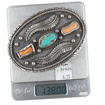 c1960 Huge AT Navajo sterling silver, turquoise, coral feather belt buckle - Estate Fresh Austin