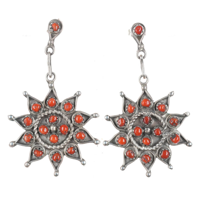 Vintage RM James Zuni Sterling silver coral snake eye long dangle earrings - Estate Fresh Austin