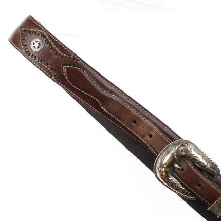 John McCabe 10k gold hand engraved sterling silver rubies Ranger belt buckle set - Estate Fresh Austin