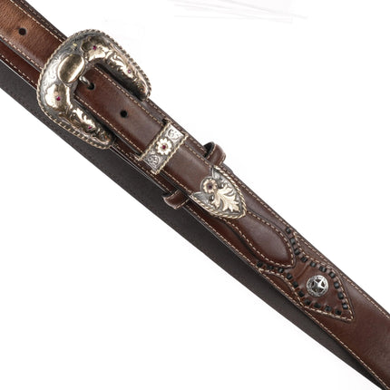 John McCabe 10k gold hand engraved sterling silver rubies Ranger belt buckle set - Estate Fresh Austin