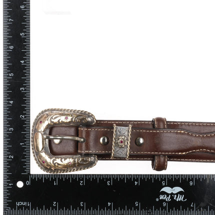 John McCabe 10k gold hand engraved sterling silver rubies Ranger belt buckle set - Estate Fresh Austin