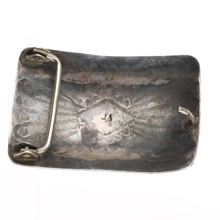 JS Vintage Navajo sterling silver turquoise belt buckle hand stamped - Estate Fresh Austin