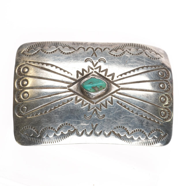 JS Vintage Navajo sterling silver turquoise belt buckle hand stamped - Estate Fresh Austin
