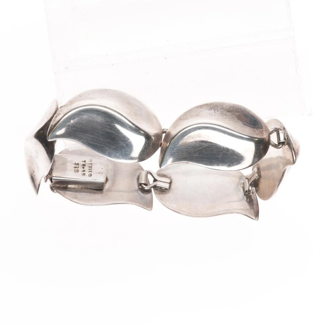 7.5" Retro Mexican modernist sterling silver chunky link bracelet leaf design - Estate Fresh Austin
