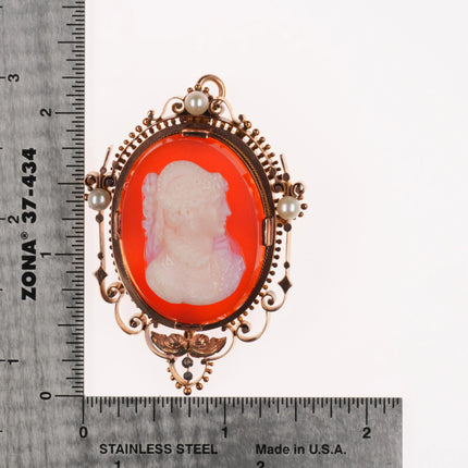 Antique 14k gold Signed Hardstone cameo Agate pendant/pin w/pearls Victorian