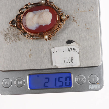 Antique 14k gold Signed Hardstone cameo Agate pendant/pin w/pearls Victorian