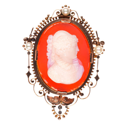 Antique 14k gold Signed Hardstone cameo Agate pendant/pin w/pearls Victorian