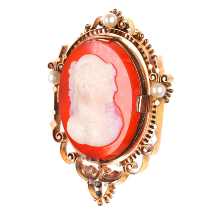 Antique 14k gold Signed Hardstone cameo Agate pendant/pin w/pearls Victorian