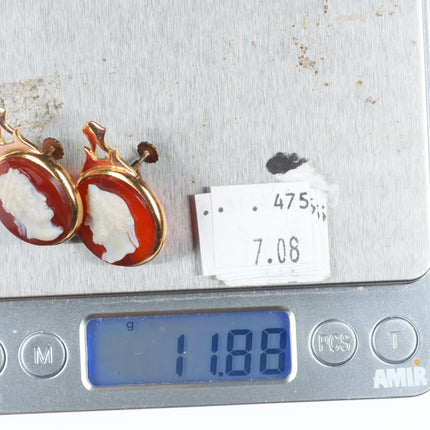 Antique 14k gold Signed Hardstone cameo Agate screw back earrings Victorian