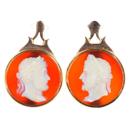 Antique 14k gold Signed Hardstone cameo Agate screw back earrings Victorian