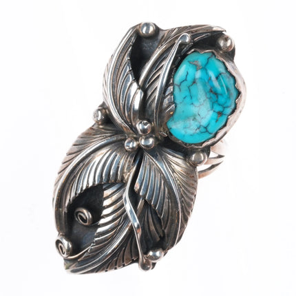 sz8 70's-80's DL Vintage Navajo sterling silver feather ring spiderweb turquoise