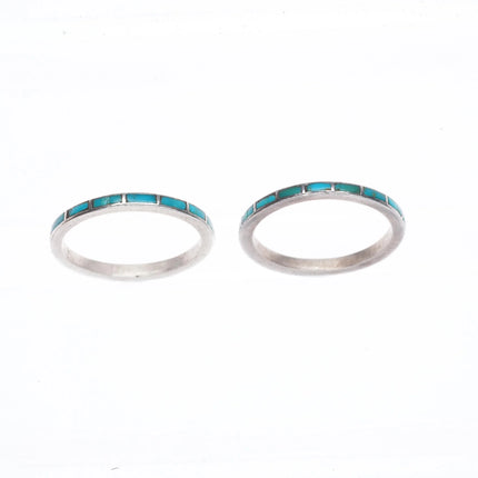 sz8 2 c1940's Zuni slim stacking turquoise channel inlay sterling silver rings
