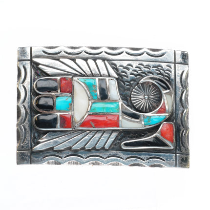 c1950's Zuni Sterling silver Channel inlay turquoise/coral/jet/shell belt buckle