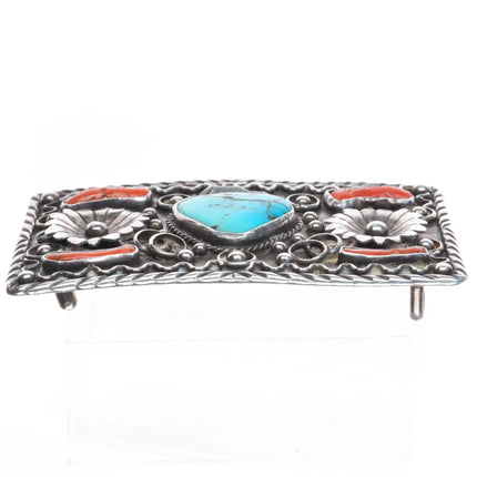 Big 1960's Navajo sterling silver, turquoise/coral belt buckle feathers/blossoms