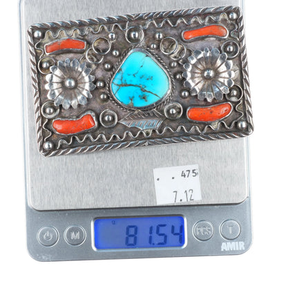 Big 1960's Navajo sterling silver, turquoise/coral belt buckle feathers/blossoms