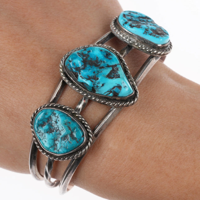 6.35" Vintage Navajo 3 stone Kingman Turquoise sterling silver cuff bracelet - Estate Fresh Austin