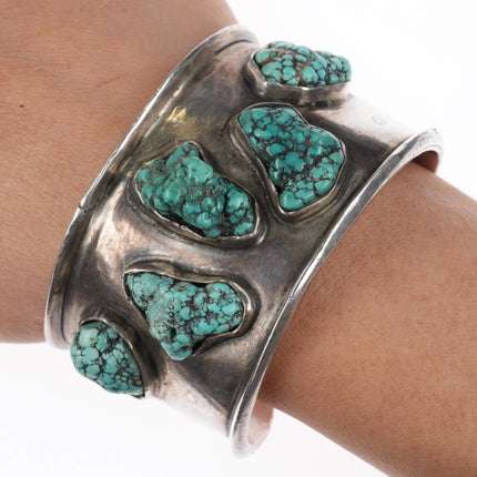 6.25" Vintage 70's Navajo sterling silver turquoise nugget wide cuff bracelet - Estate Fresh Austin