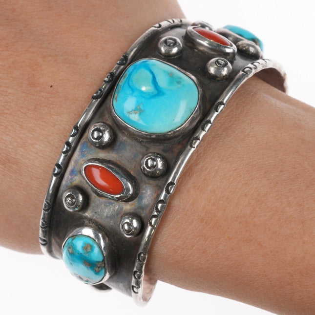 6.5" Vintage 1970's Navajo sterling silver turquoise/coral cuff bracelet - Estate Fresh Austin