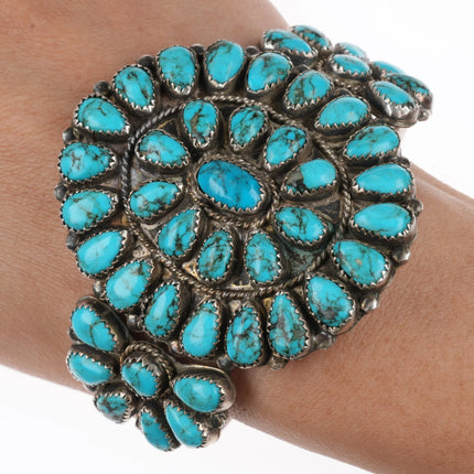 6.75" Vintage Zuni Heavy sterling silver turquoise cluster cuff bracelet - Estate Fresh Austin