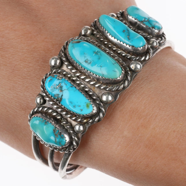 6.5" Vintage Navajo wide/graduated turquoise row cuff bracelet sterling silver - Estate Fresh Austin
